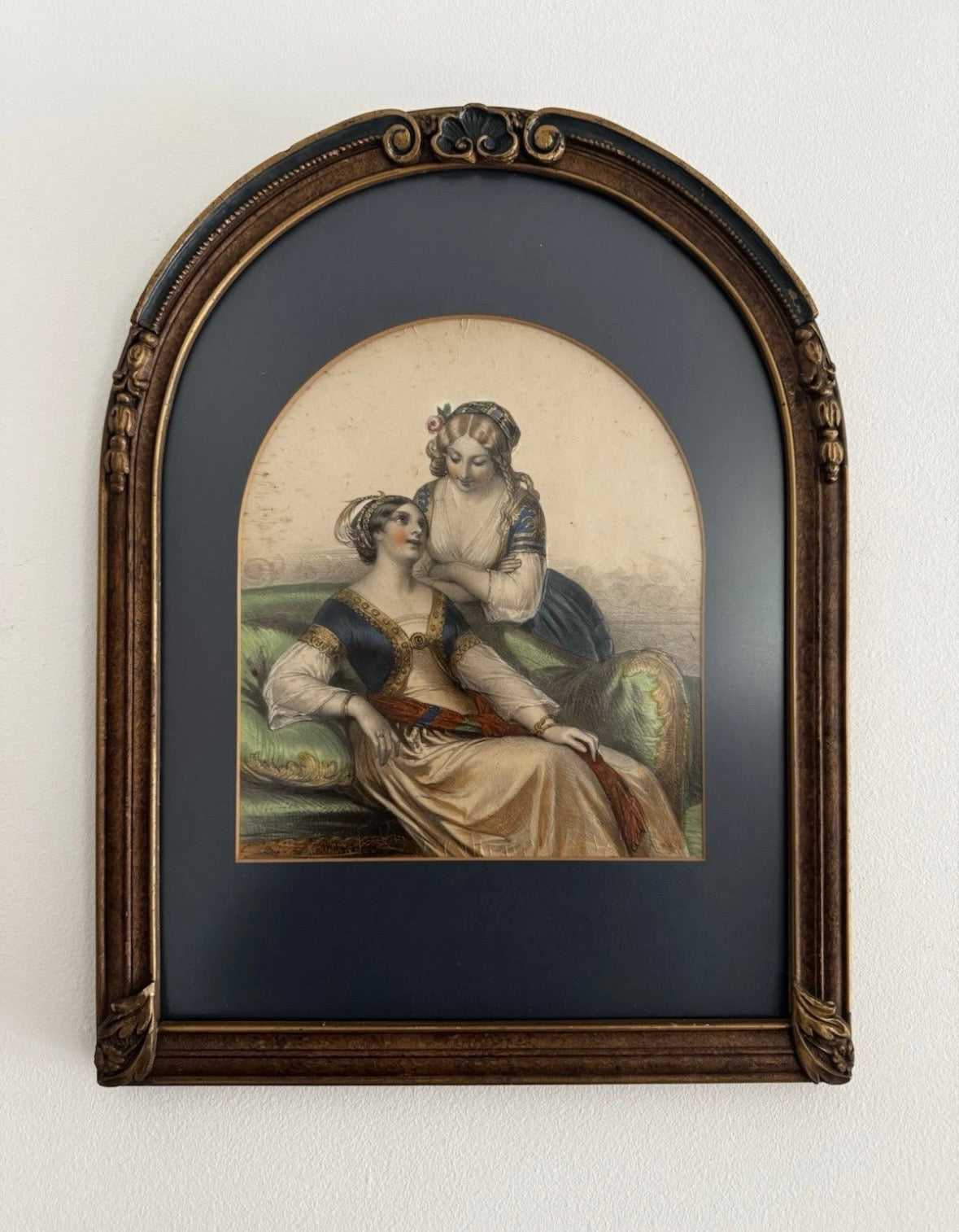 Antique 19th Century Hand Colored Portrait Print Litho Of Two Women Framed