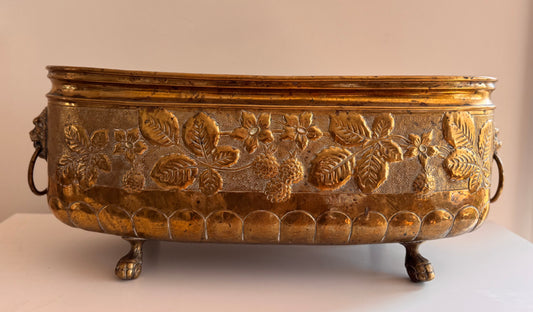 Antique Large French Brass Jardiniere Planter Leaves Flowers Lion Heads