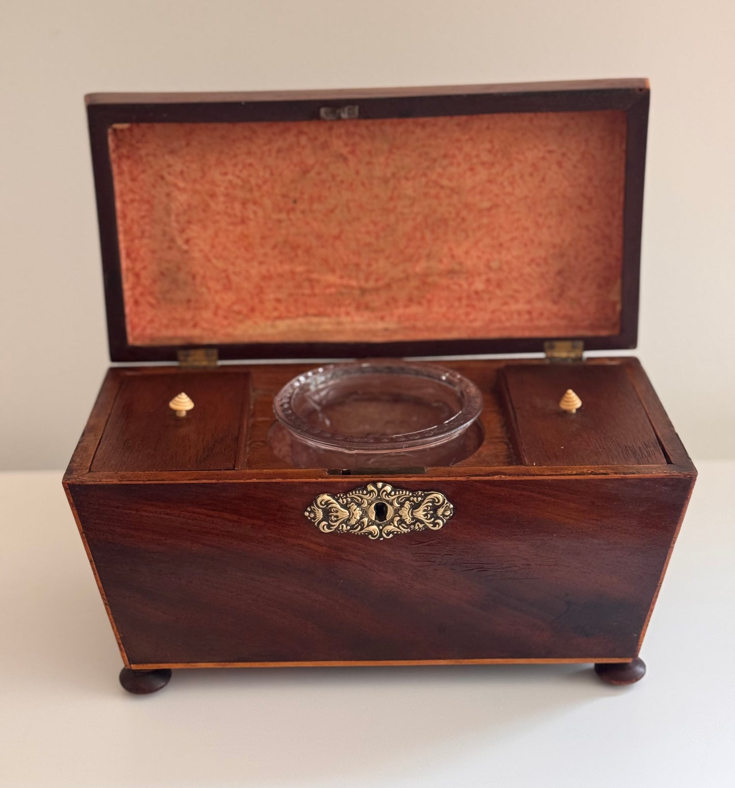Antique Regency Wood Brass Sarcophagus Tea Caddy With Bowl Floral Detail