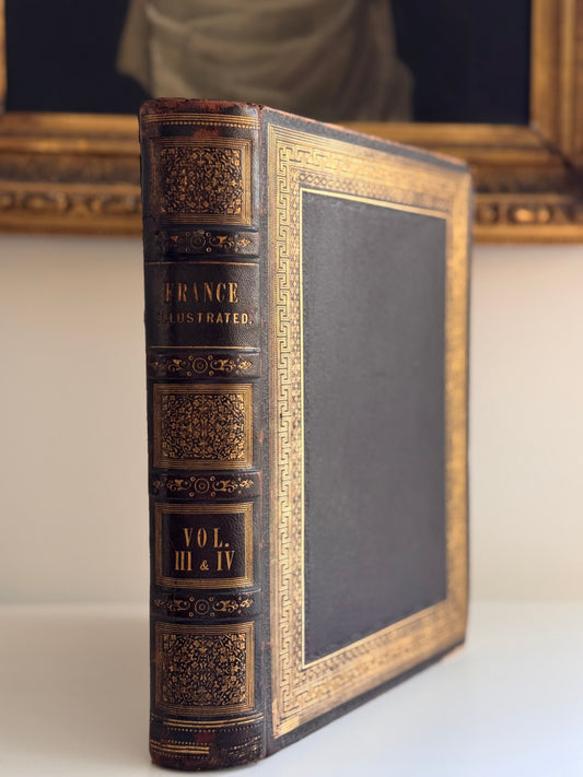 Antique 19c Copy of France Illustrated Vol III & IV Full Leather Engravings Book