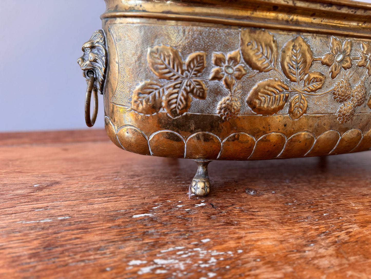 Antique Large French Brass Jardiniere Planter Leaves Flowers Lion Heads