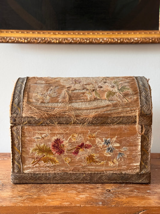 Antique Late 18th Century French Wedding Bridal Box Silk Fabric & Crown