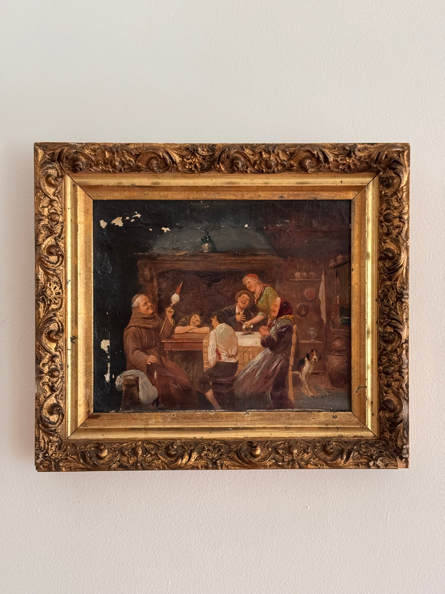 Antique 19c Oil On Canvas Signed Interior Family Scene With Dog