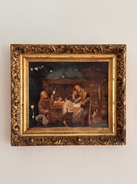 Antique 19c Oil On Canvas Signed Interior Family Scene With Dog
