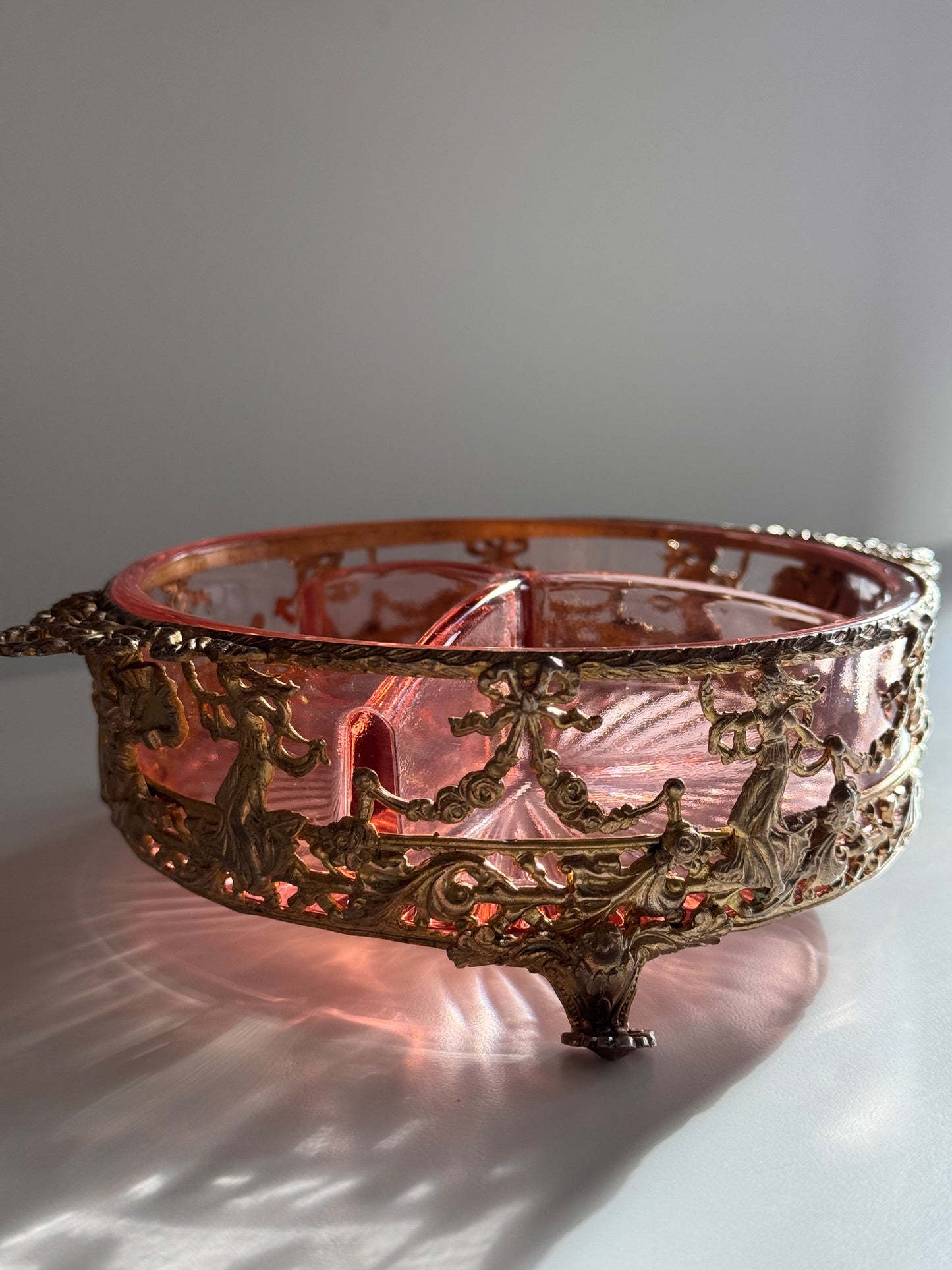 Antique Pink Cut Glass And Gilded Metal Brass Trinket Dish Swags Floral Lady