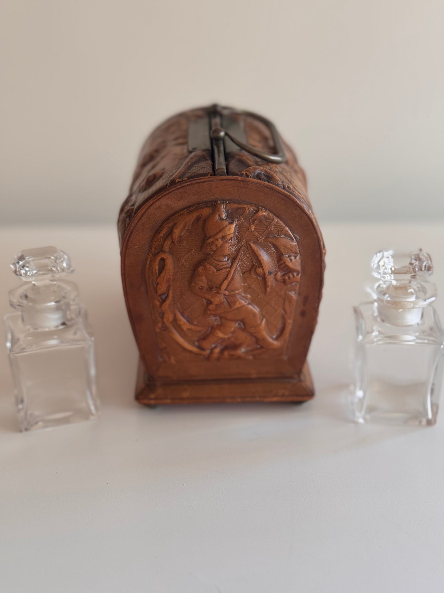 Antique Early 1900s Tooled Leather & Crystal Perfume Caddy Box w/Velvet Silk Lining