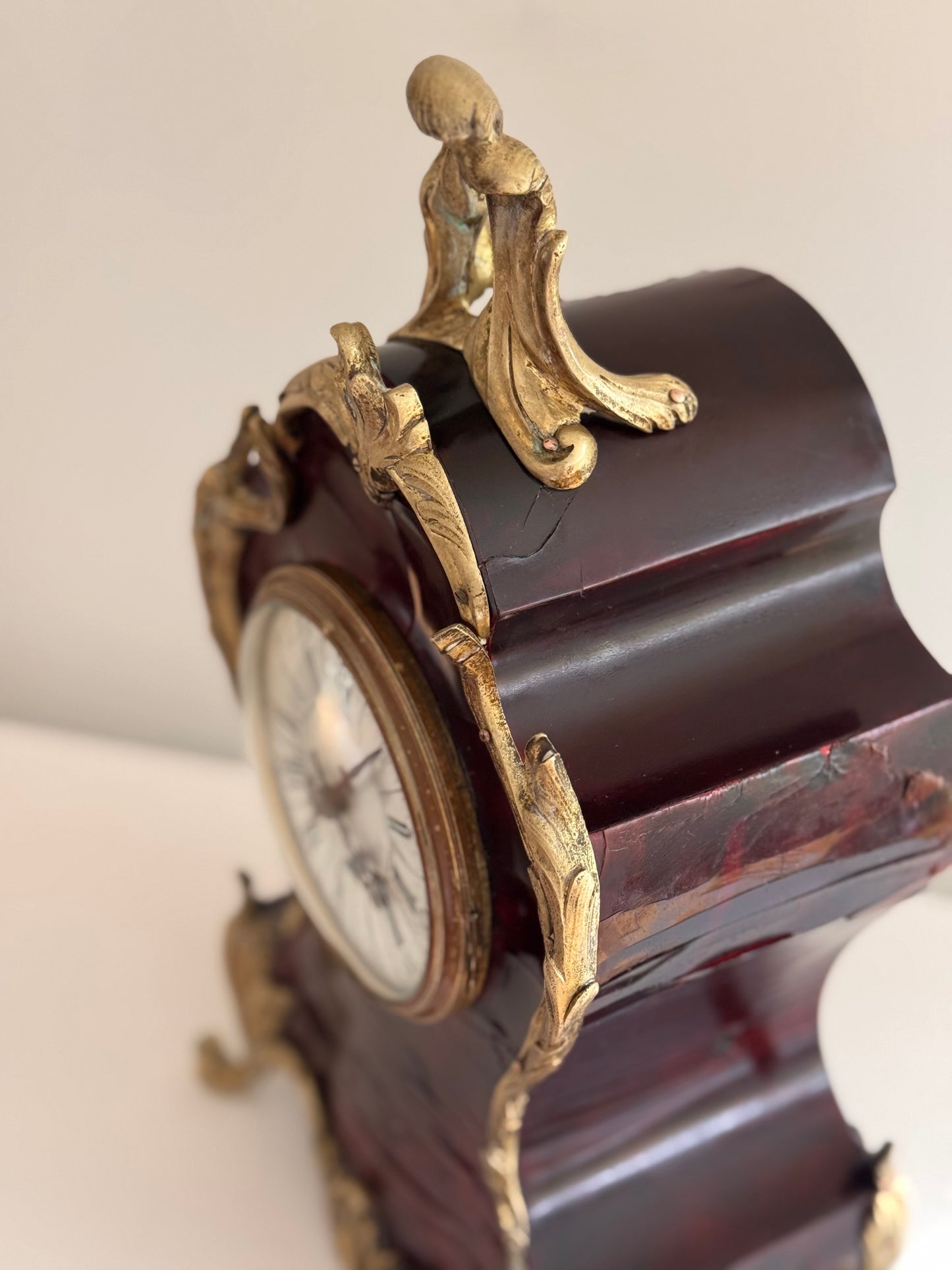 Working Antique Rococo Tortoise Shell Bronze Mantle Clock With Original Key