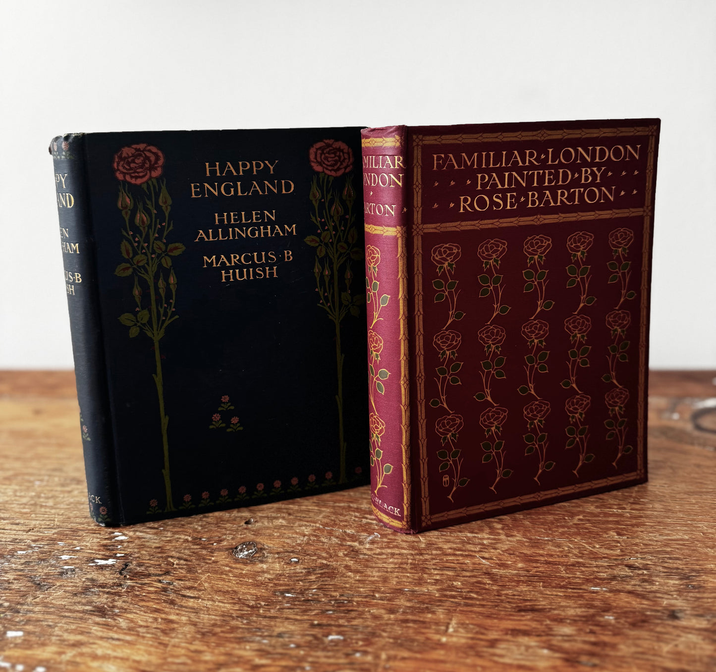 2 Book Set Happy England Allingham 1903 & Familiar London Rose Barton 1904 Black