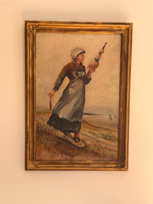 Antique 19c Oil on Board Portrait After Walter Satterlee’s The Spinner Painting