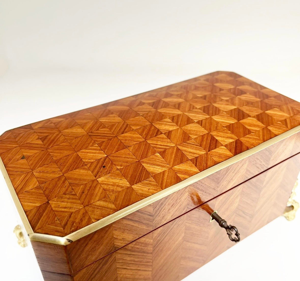 Antique Mid 19th C Napoleon III French Kingwood Ormolu Parquetry Tea Caddy w/Key
