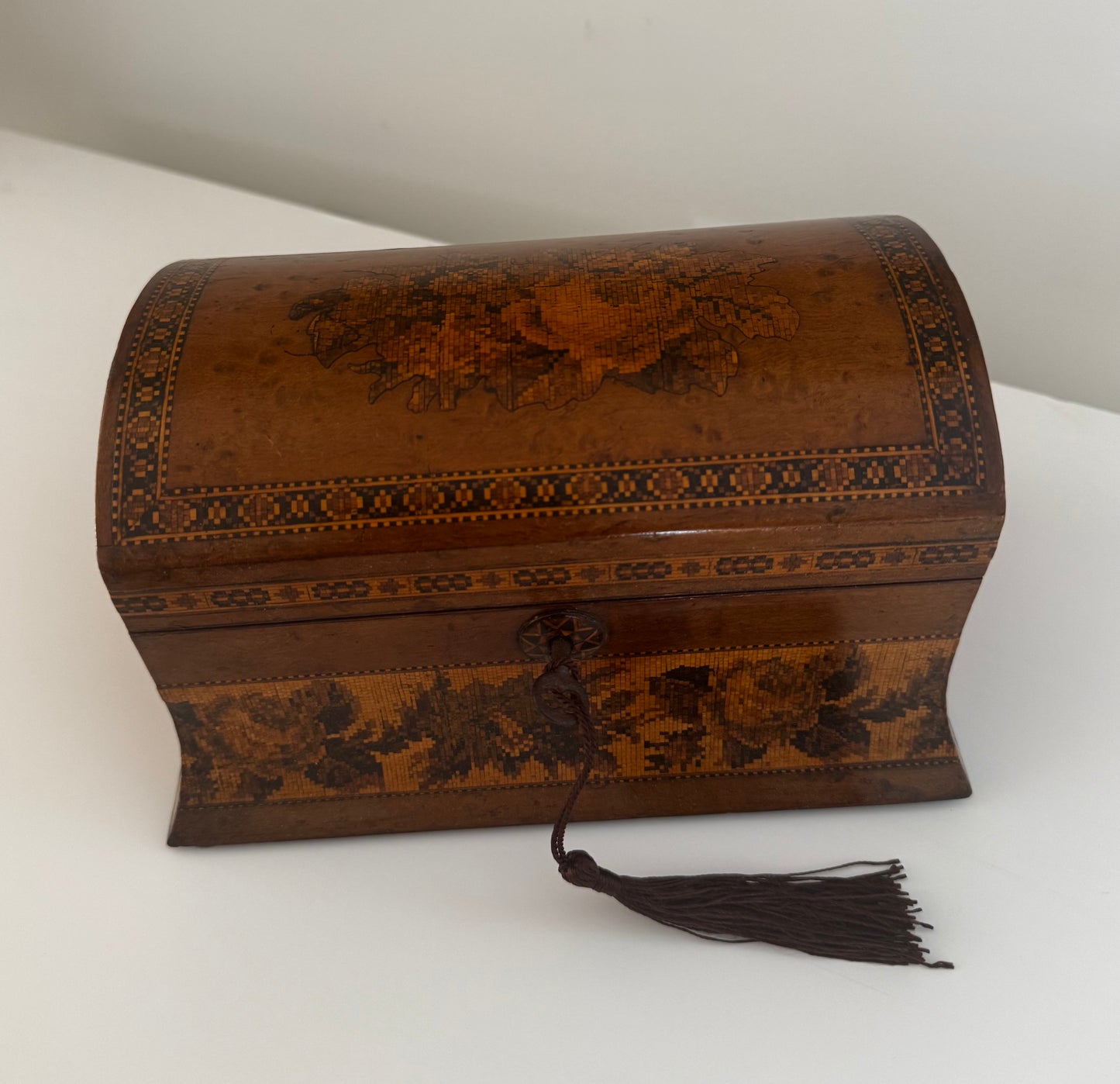 Antique Victorian Late 1800s English Tunbridge Ware Tea Caddy Working Key