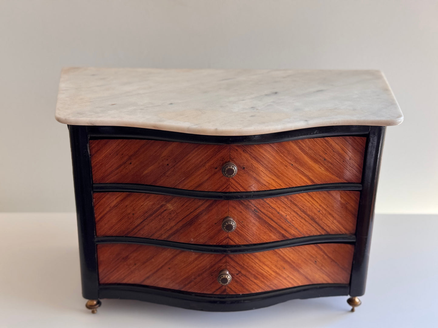 Antique Victorian French Napoleon III Marquetry Wood Marble Brass Salesman Sample Commode Dresser