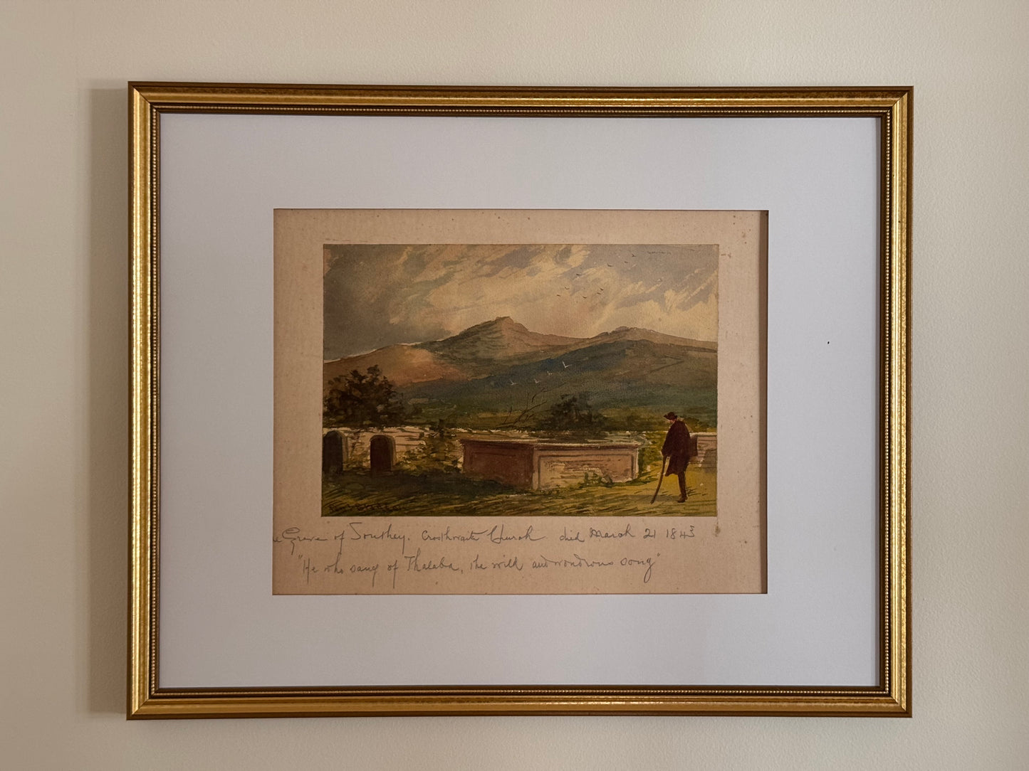 Antique Paul Braddon English Watercolor Painting Grave Robert Southey