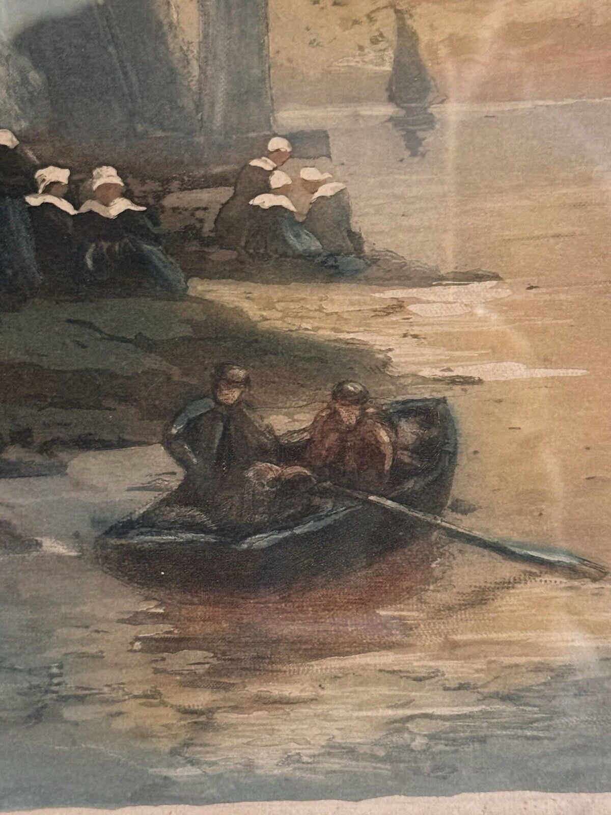 Antique Maurice Pellerier Watercolor Etching Moody Ships Framed Signed