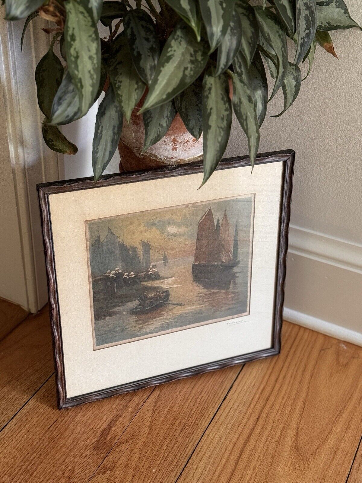 Antique Maurice Pellerier Watercolor Etching Moody Ships Framed Signed