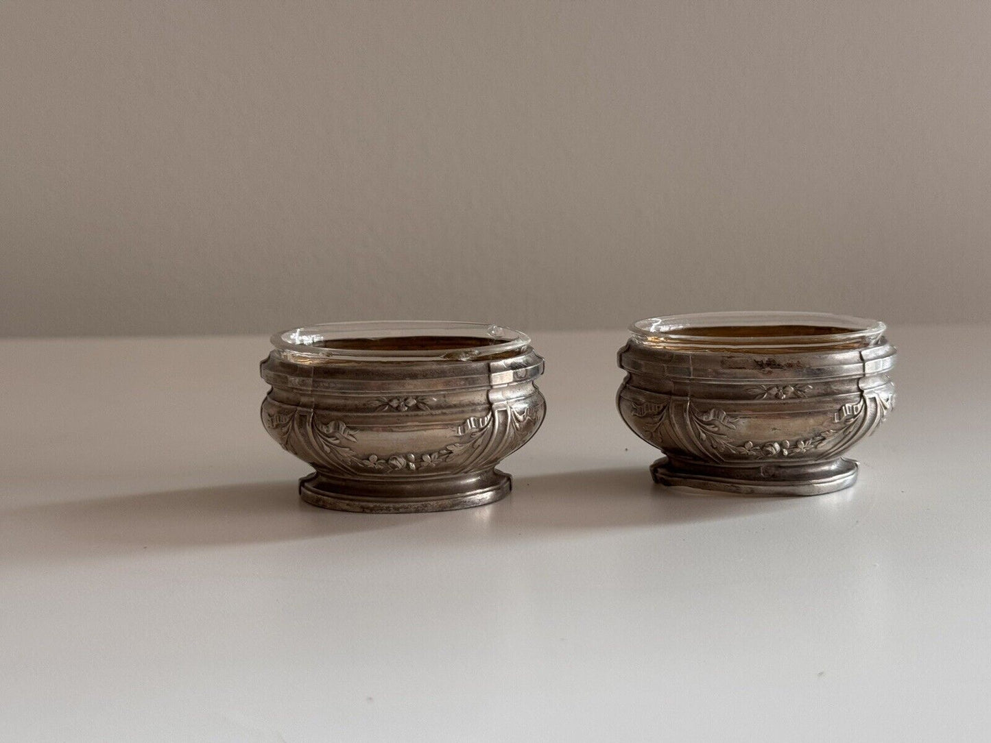 Antique Sterling Silver Louis XVI Style Salt Cellars With Glass Insert Swag