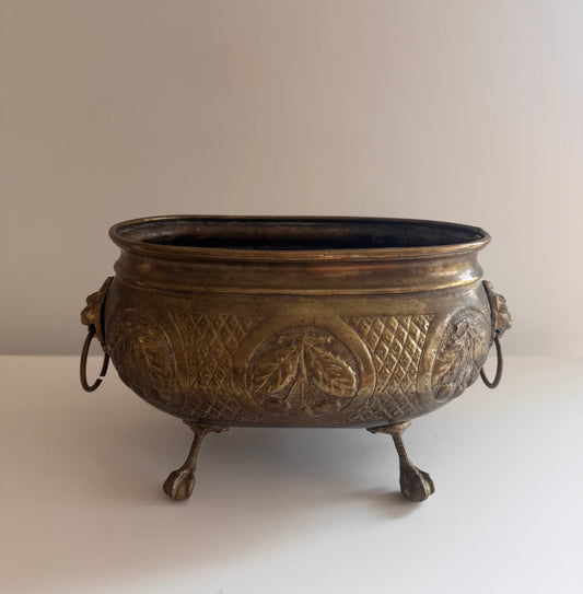 Antique French Brass Jardiniere Planter Cherries Leaves Lion Heads