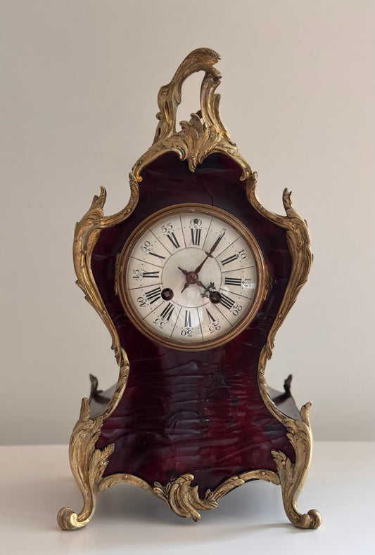 Working Antique Rococo Tortoise Shell Bronze Mantle Clock With Original Key