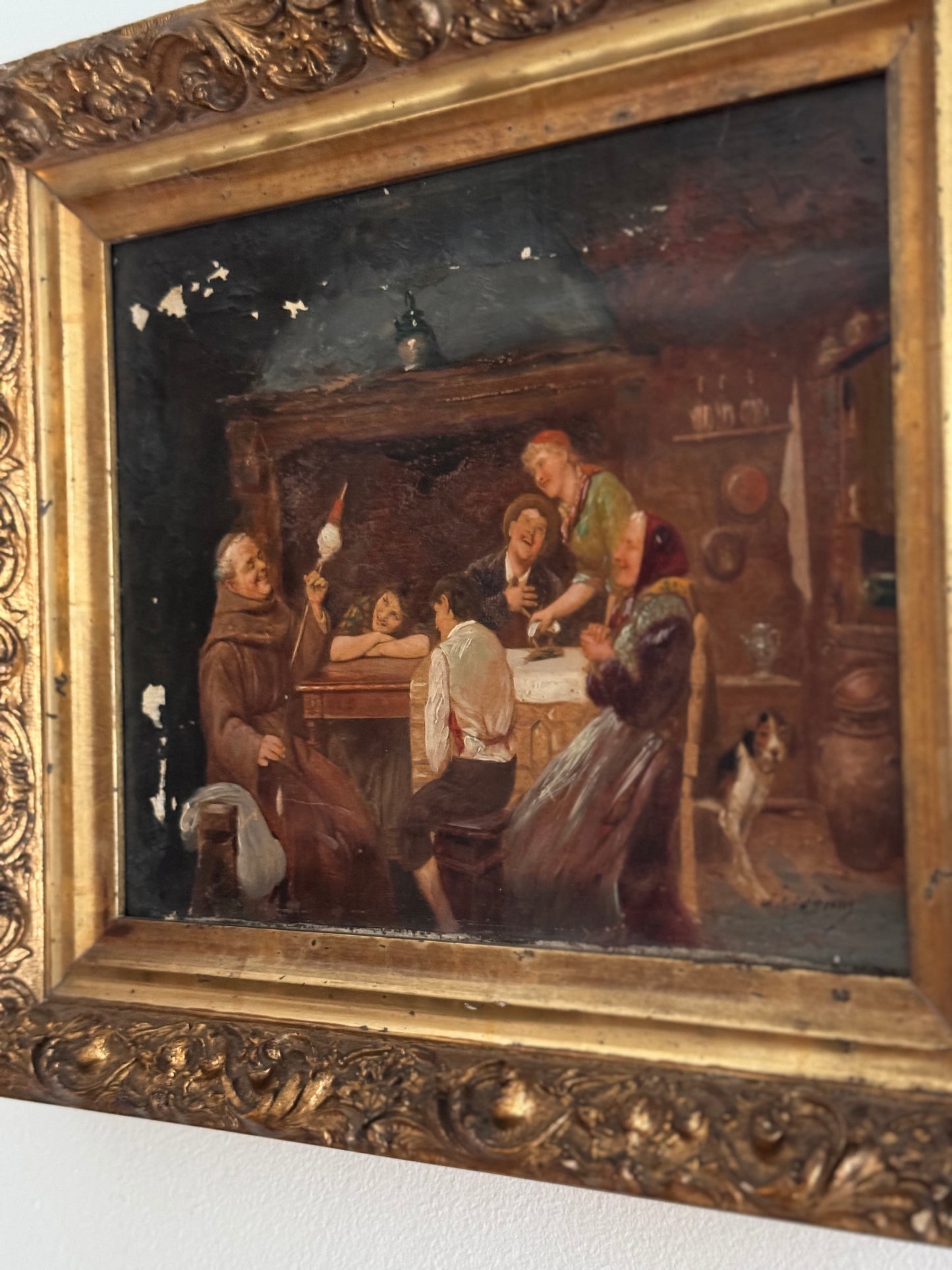 Antique 19c Oil On Canvas Signed Interior Family Scene With Dog