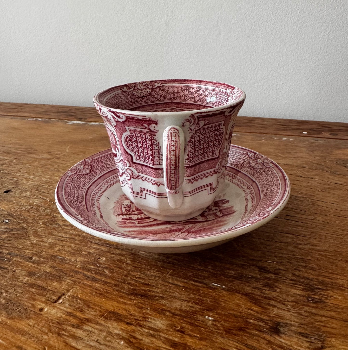 Antique Late 19c Victorian A Shaw Red Pomona Transferware Tea Cup & Saucer Set