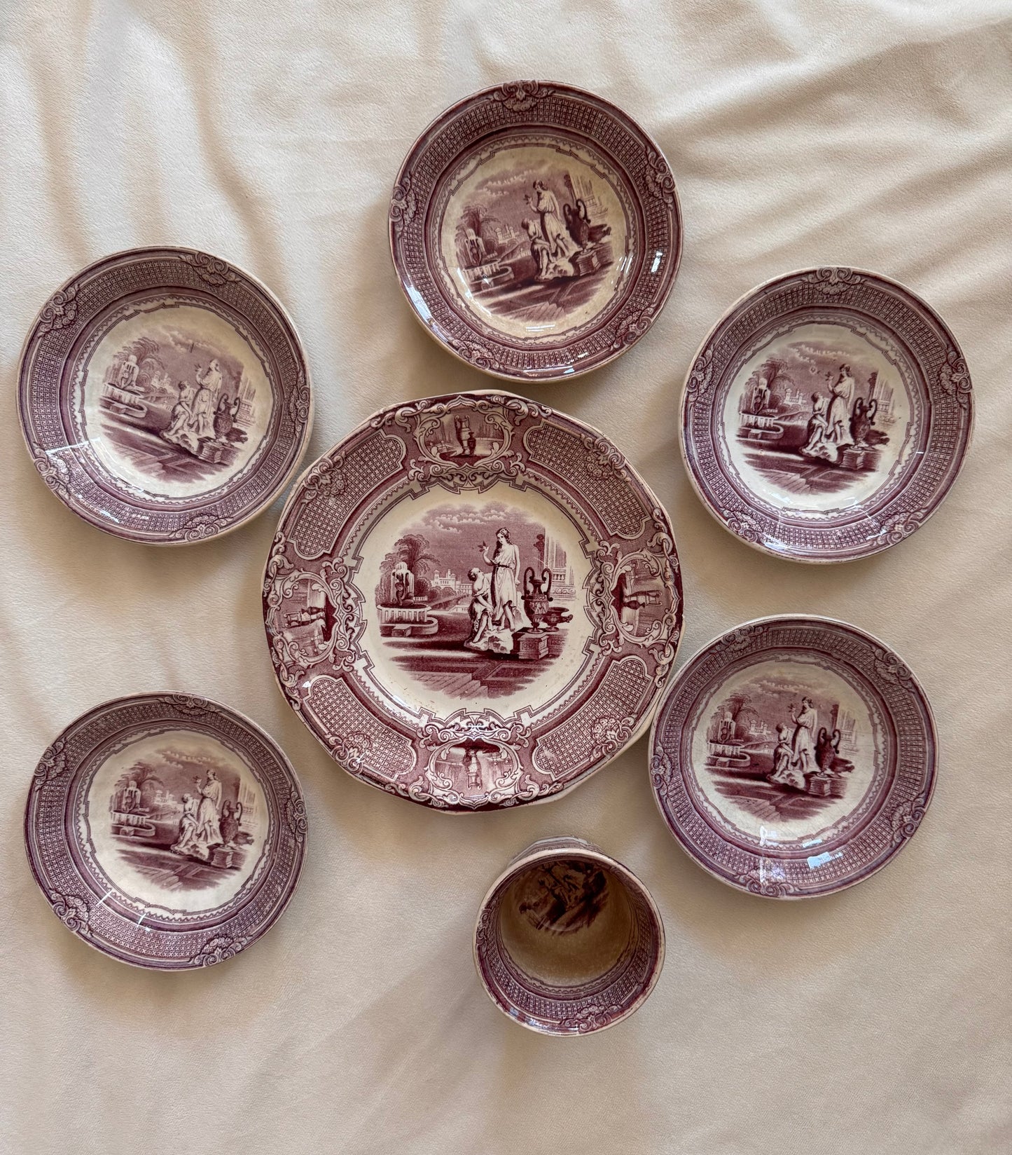 Antique Victorian Anthony Shaw Mulberry Pomona Transferware Plate Teacup & Saucers Set