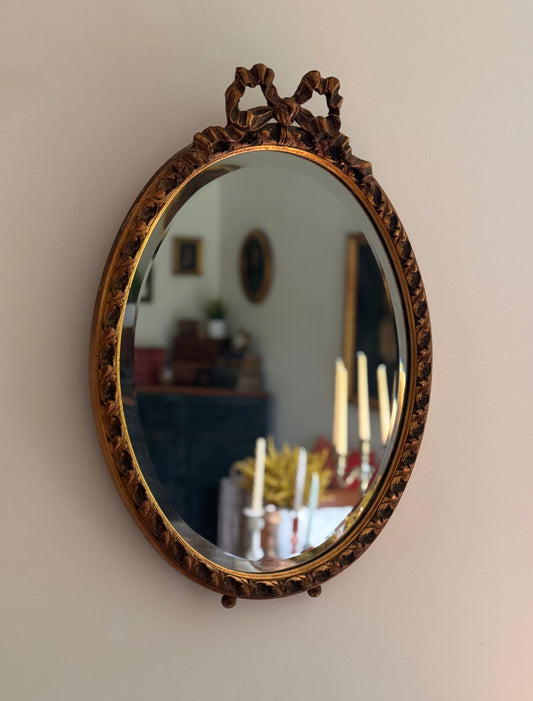 Vintage French Gold Gilded Bow Mirror Beveled Glass