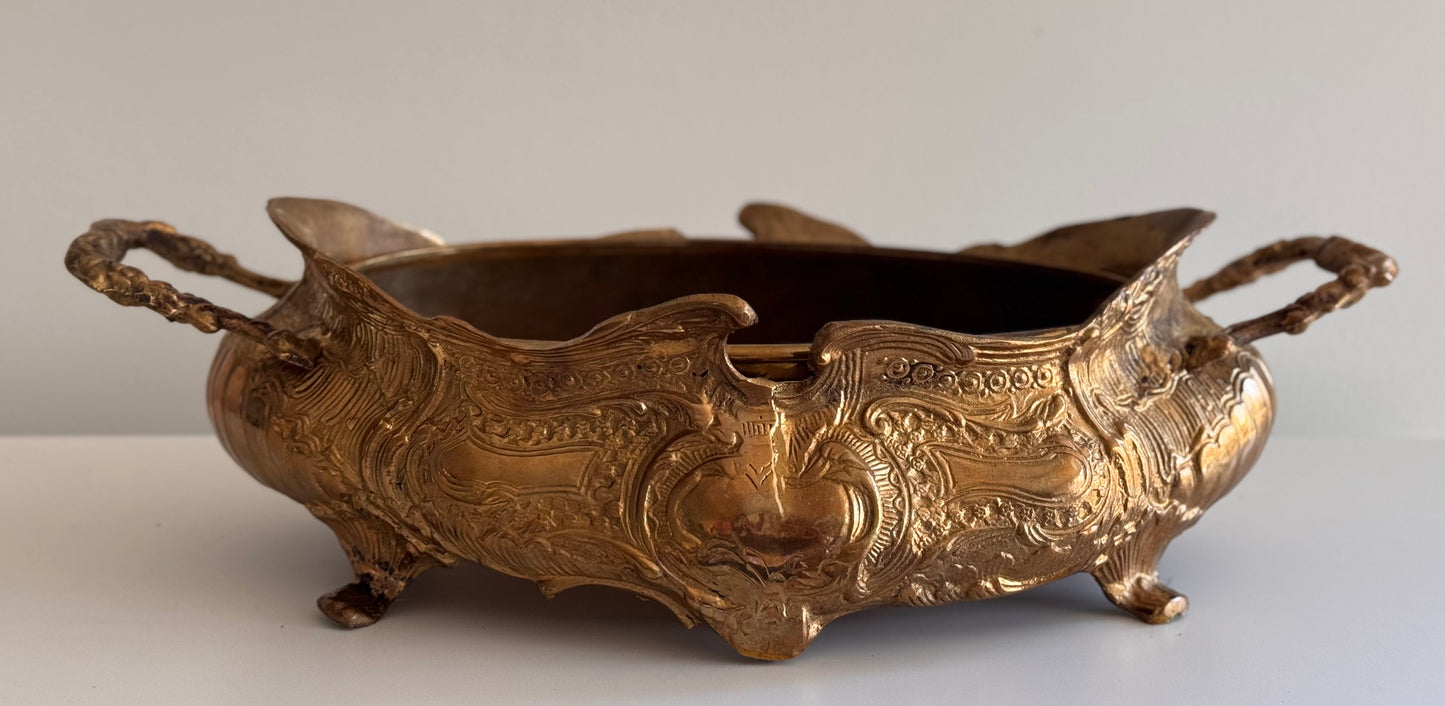 Vintage Solid Cast Brass Art Nouveau Jardiniere w/Insert