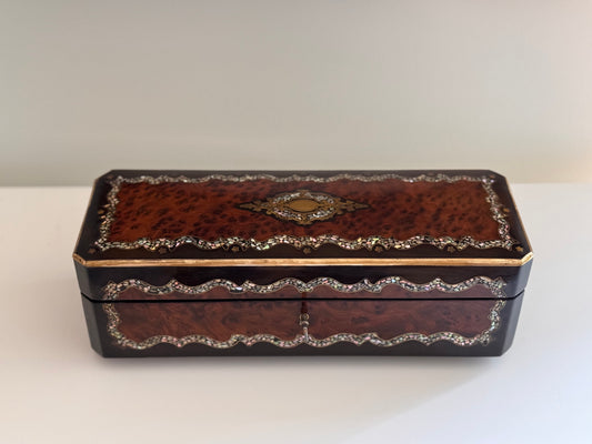 Antique French Burl Wood Mother of Pearl Marquetry Glove Box With Silk Lining