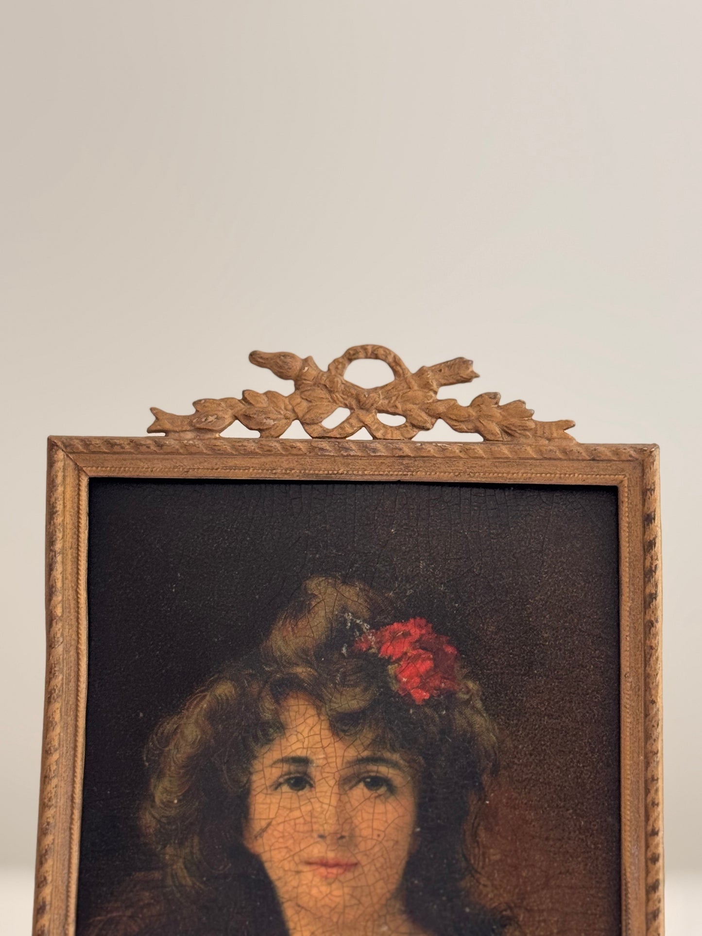 Antique Miniature Signed Angelo Asti Portrait of a Woman Bronze Bow Frame