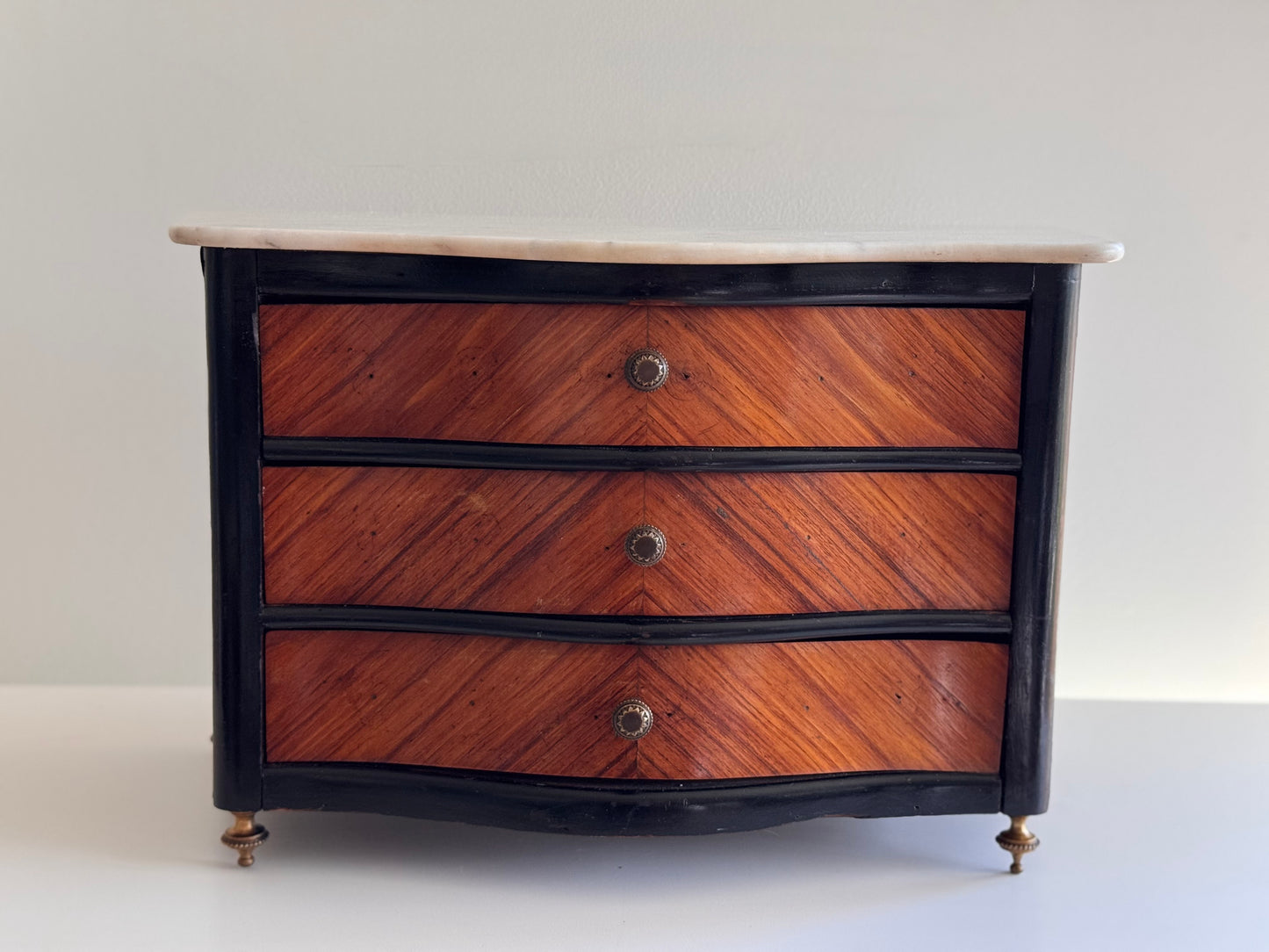 Antique Victorian French Napoleon III Marquetry Wood Marble Brass Salesman Sample Commode Dresser