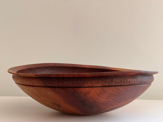 Vintage Handmade Cherry Wood Decorative Bowl with Etched Design