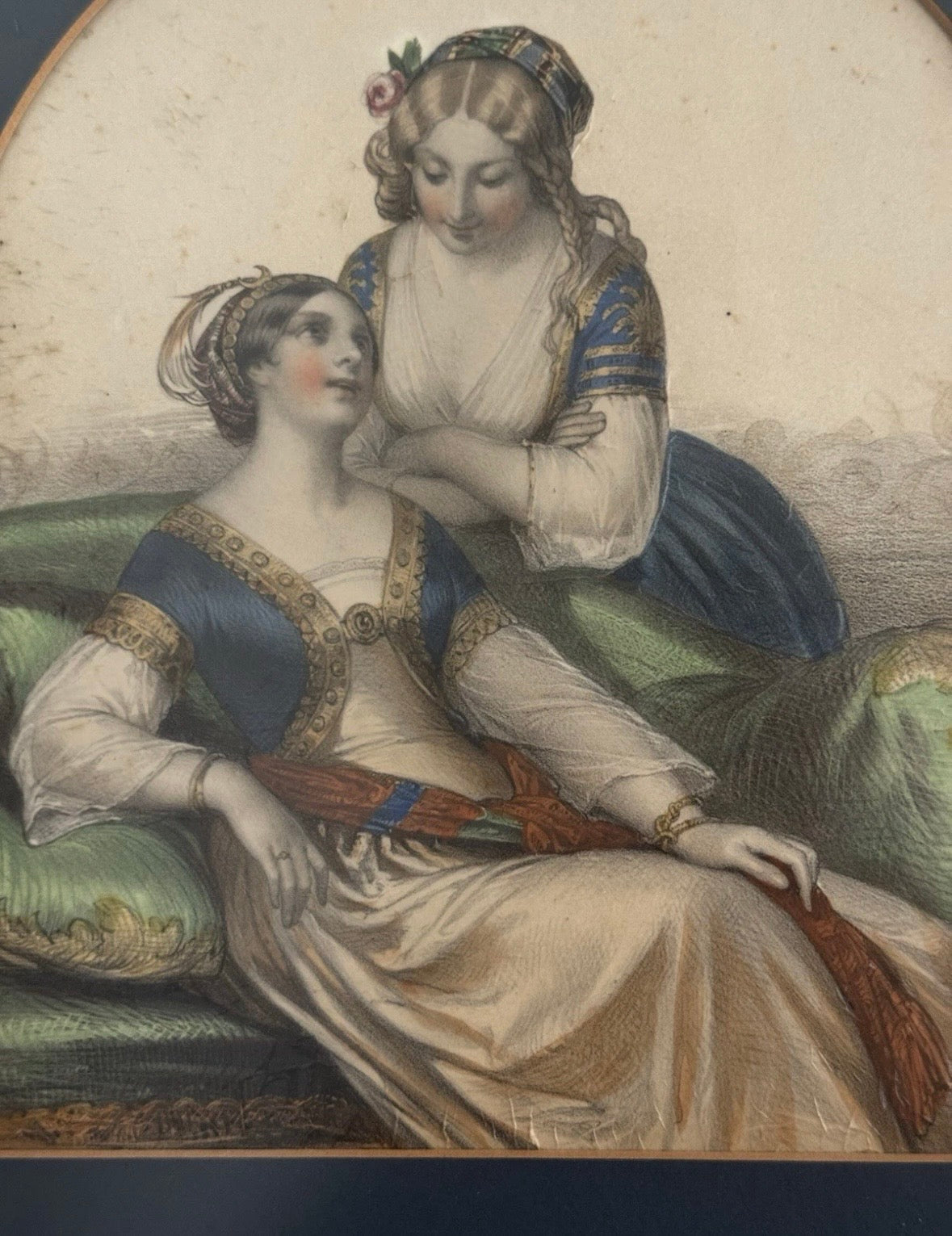 Antique 19th Century Hand Colored Portrait Print Litho Of Two Women Framed