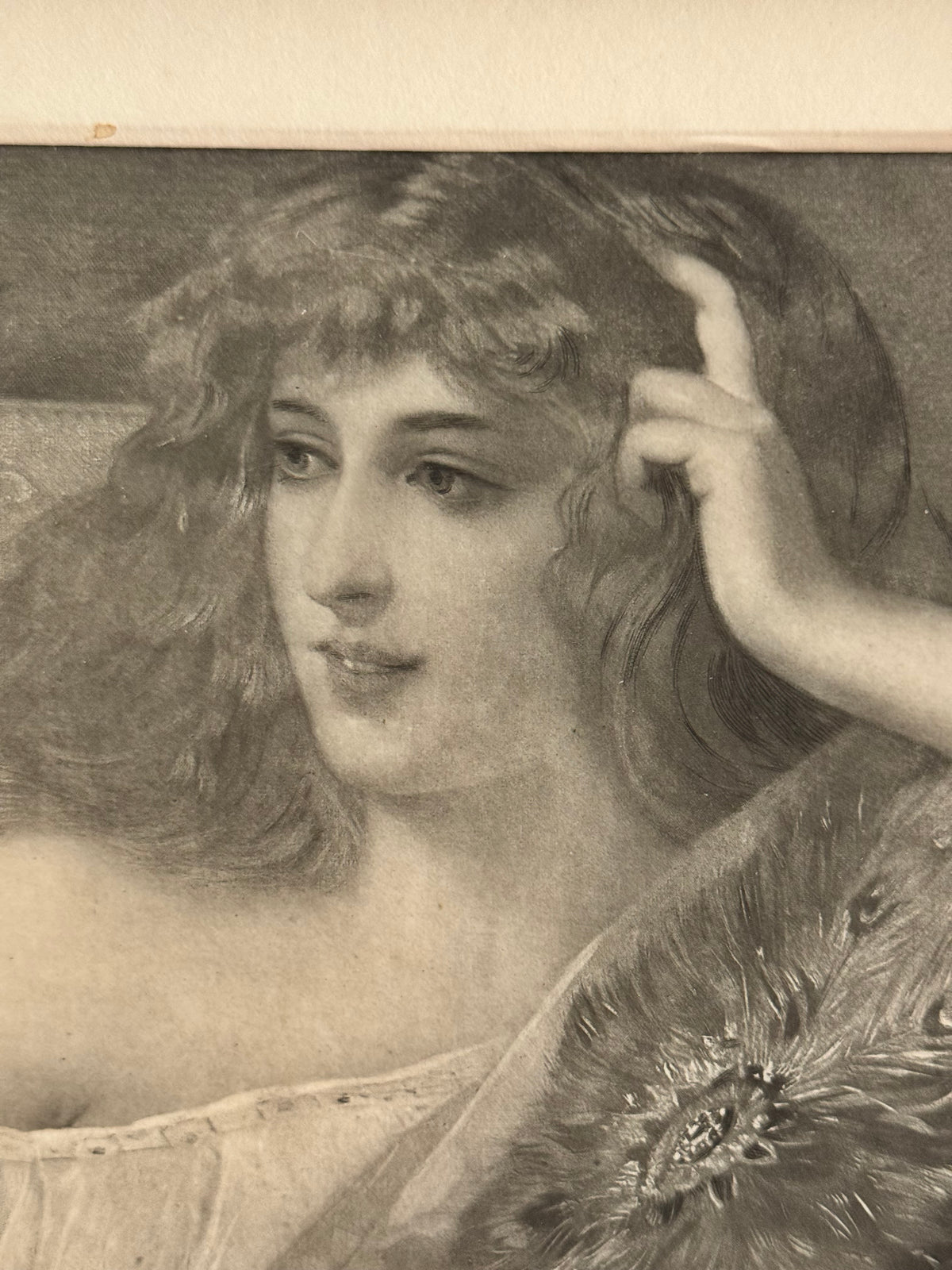Victorian Edwardian Portrait Engraving of a Woman Relaxing
