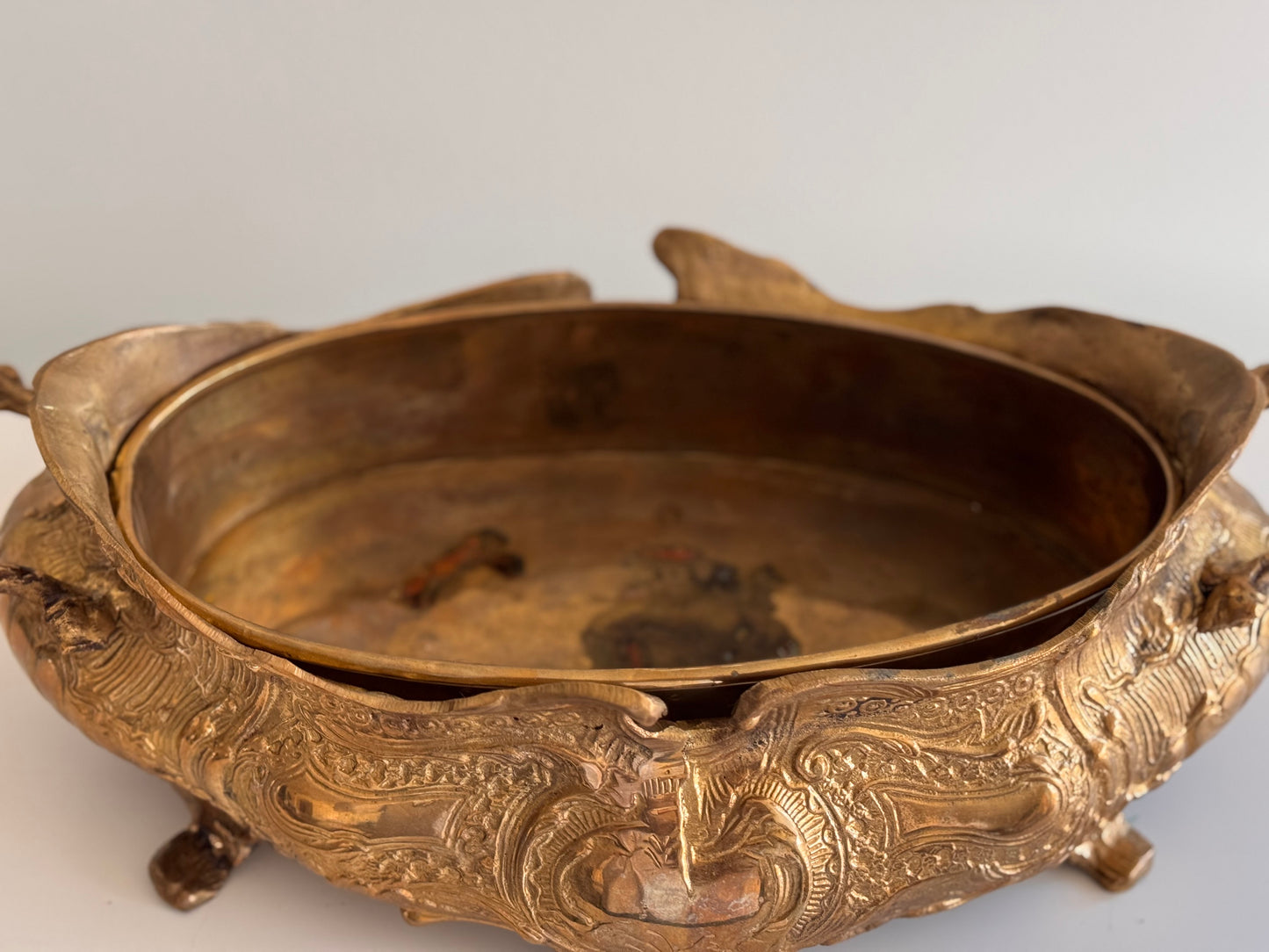 Vintage Solid Cast Brass Art Nouveau Jardiniere w/Insert