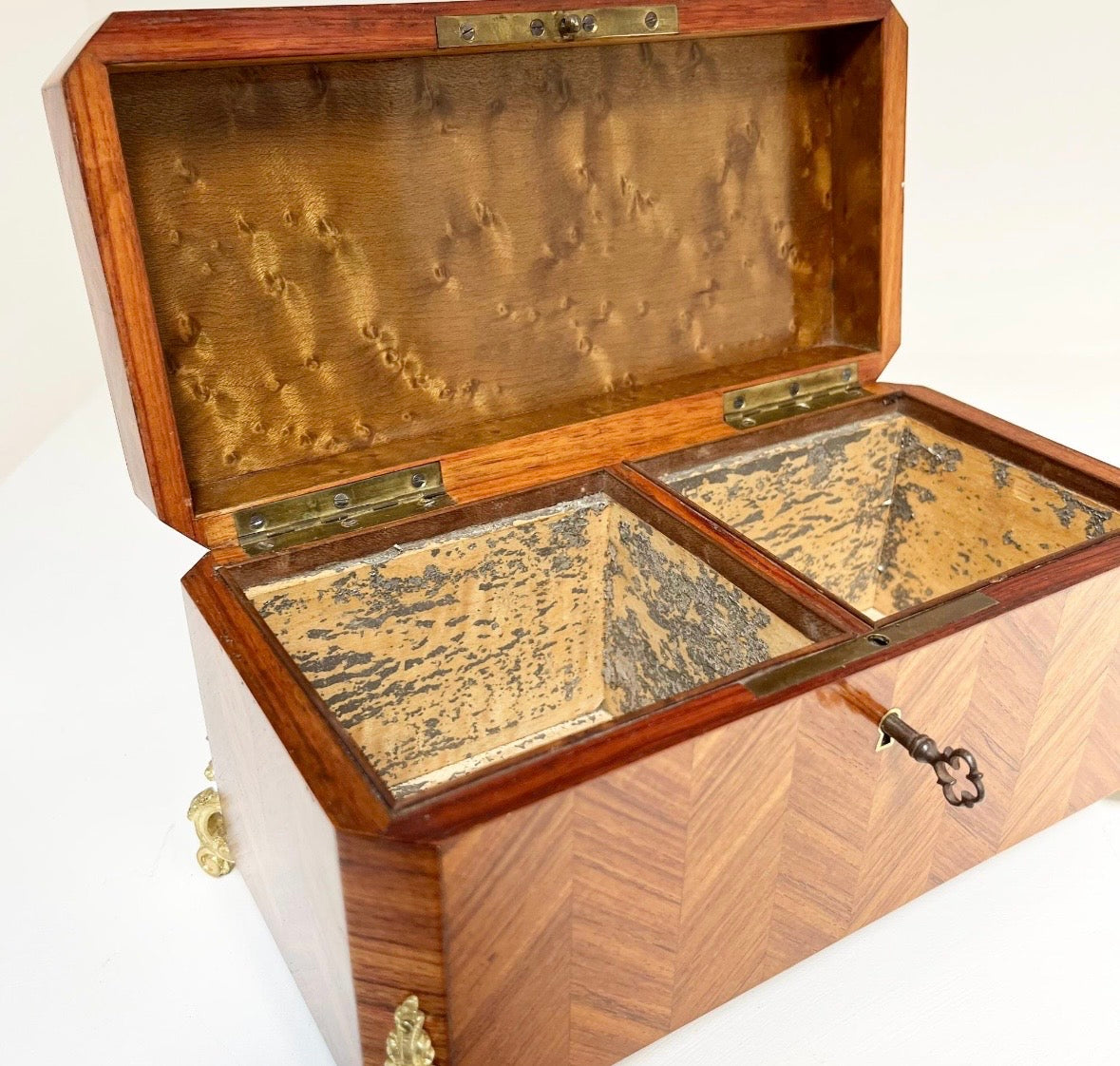 Antique Mid 19th C Napoleon III French Kingwood Ormolu Parquetry Tea Caddy w/Key