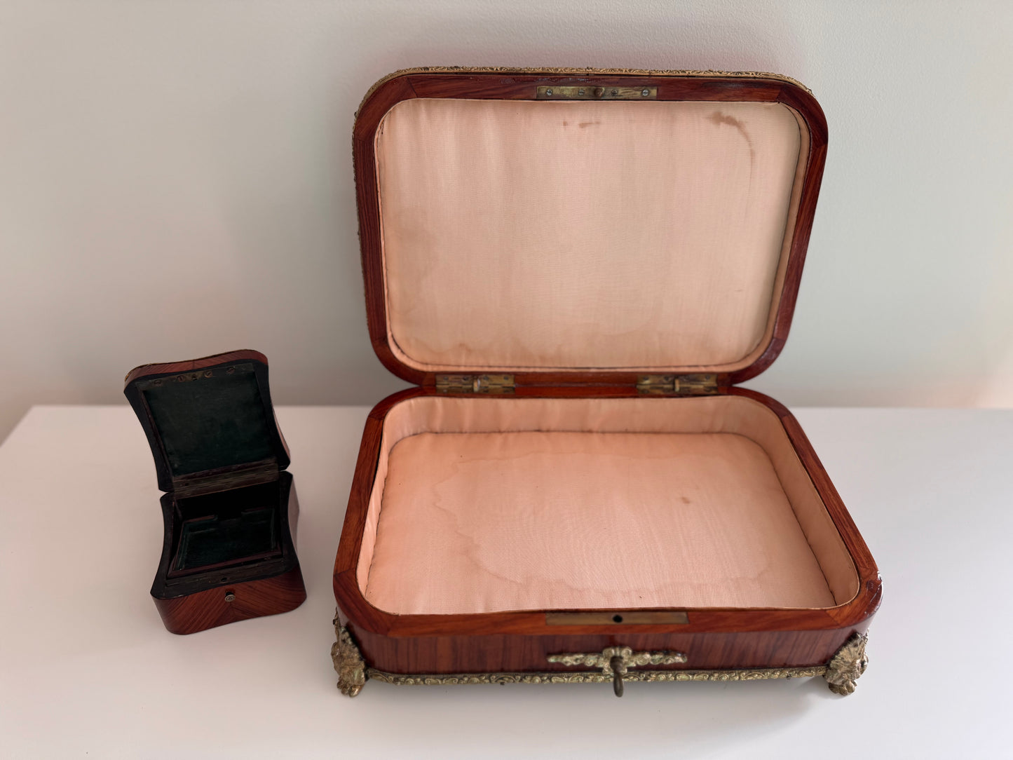 Antique Napoleon III Rosewood & Bronze Parquetry Jewelry Box