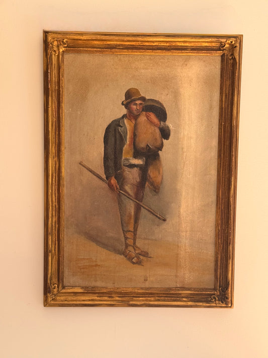 Antique 19c Oil on Board Portrait After J. Rawson Standing Peasant Painting