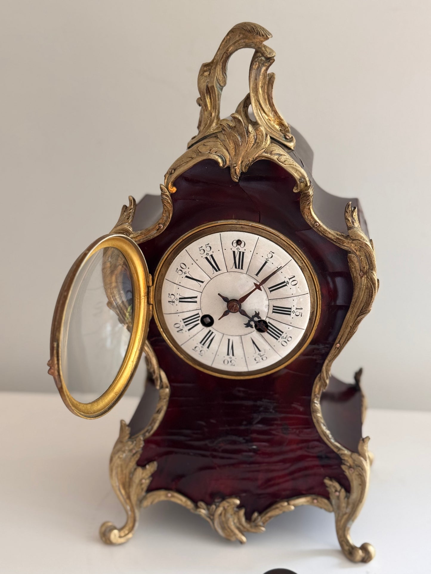 Working Antique Rococo Tortoise Shell Bronze Mantle Clock With Original Key
