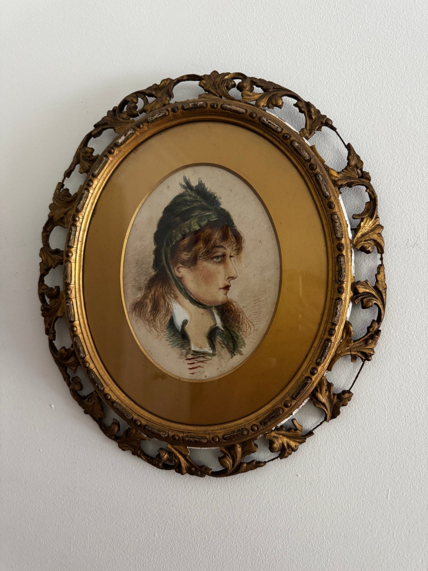Antique Victorian Watercolor Portrait Painting Of A Woman Framed