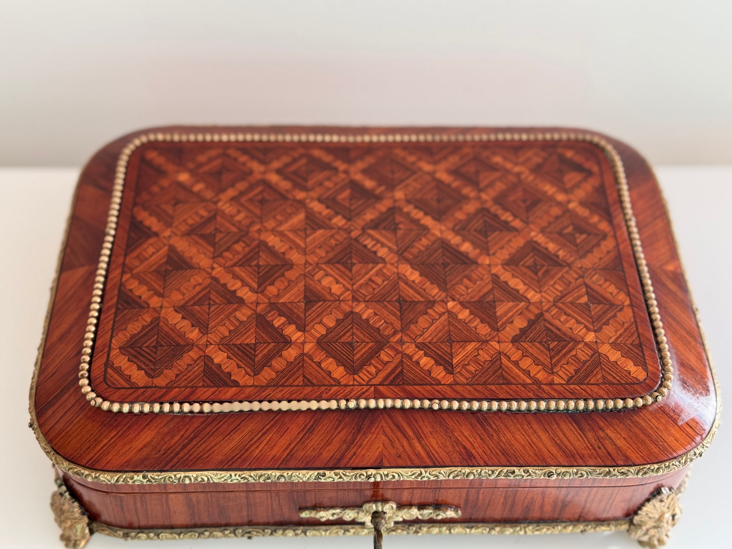 Antique Napoleon III Rosewood & Bronze Parquetry Jewelry Box