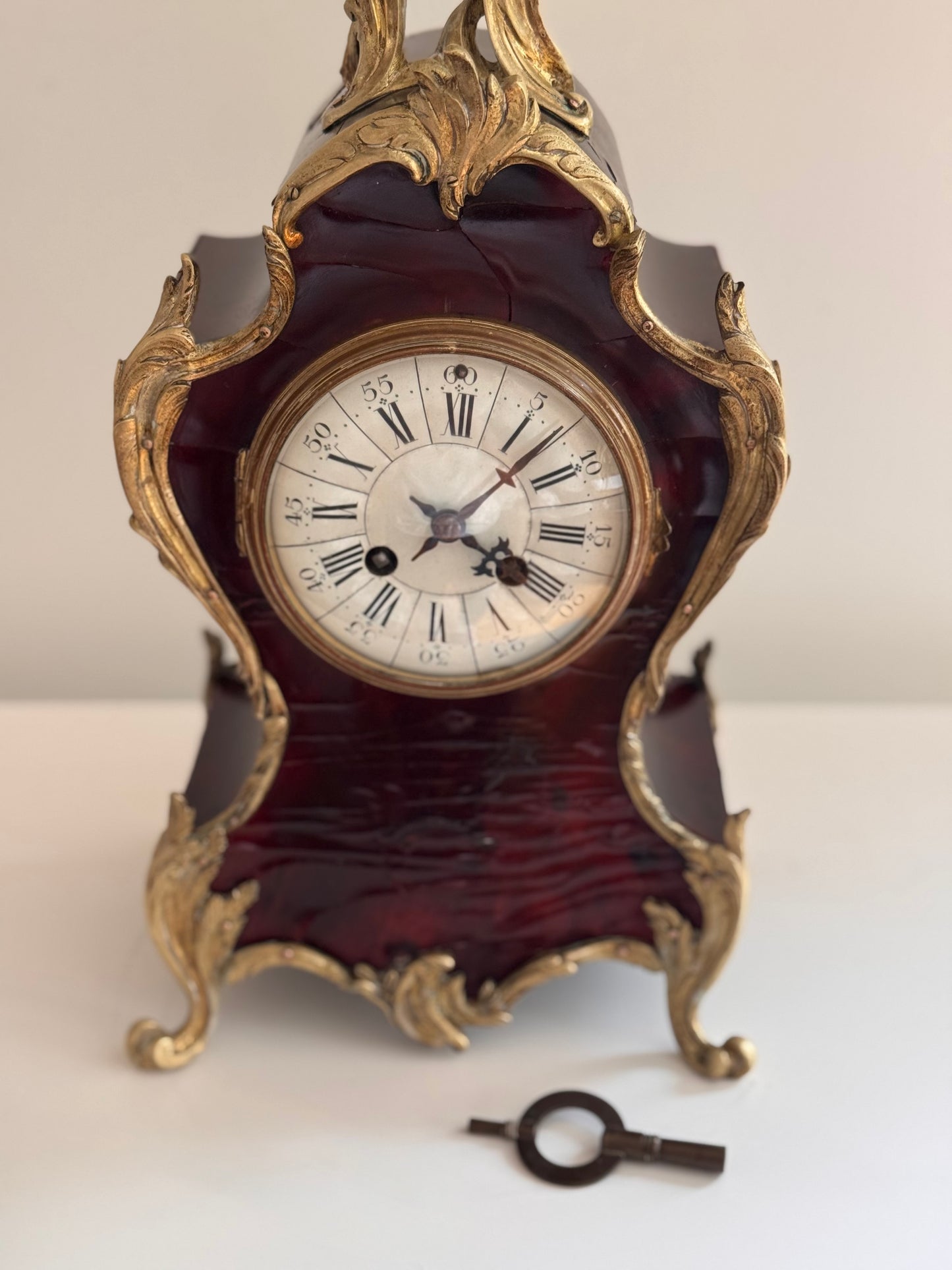 Working Antique Rococo Tortoise Shell Bronze Mantle Clock With Original Key