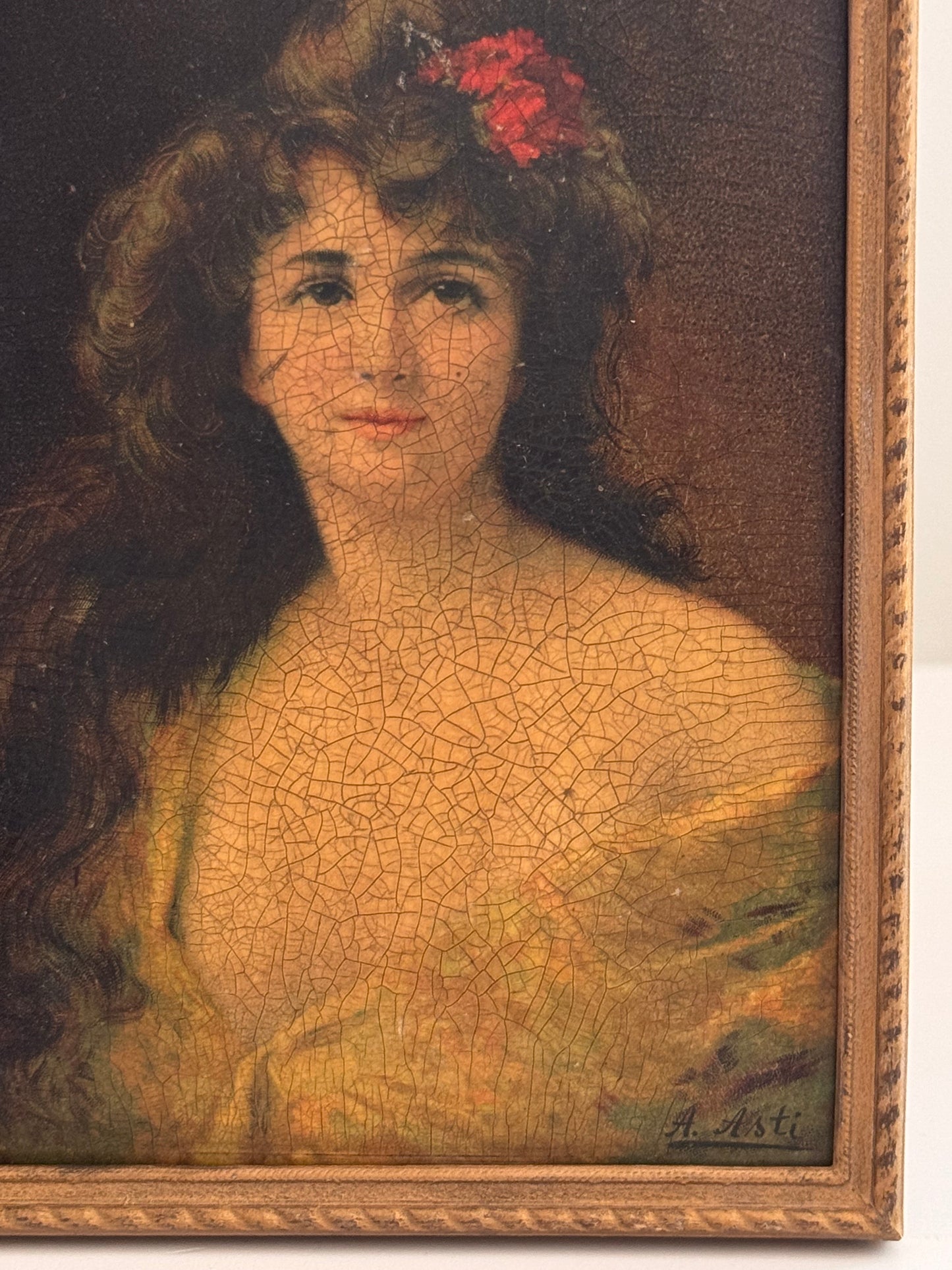 Antique Miniature Signed Angelo Asti Portrait of a Woman Bronze Bow Frame
