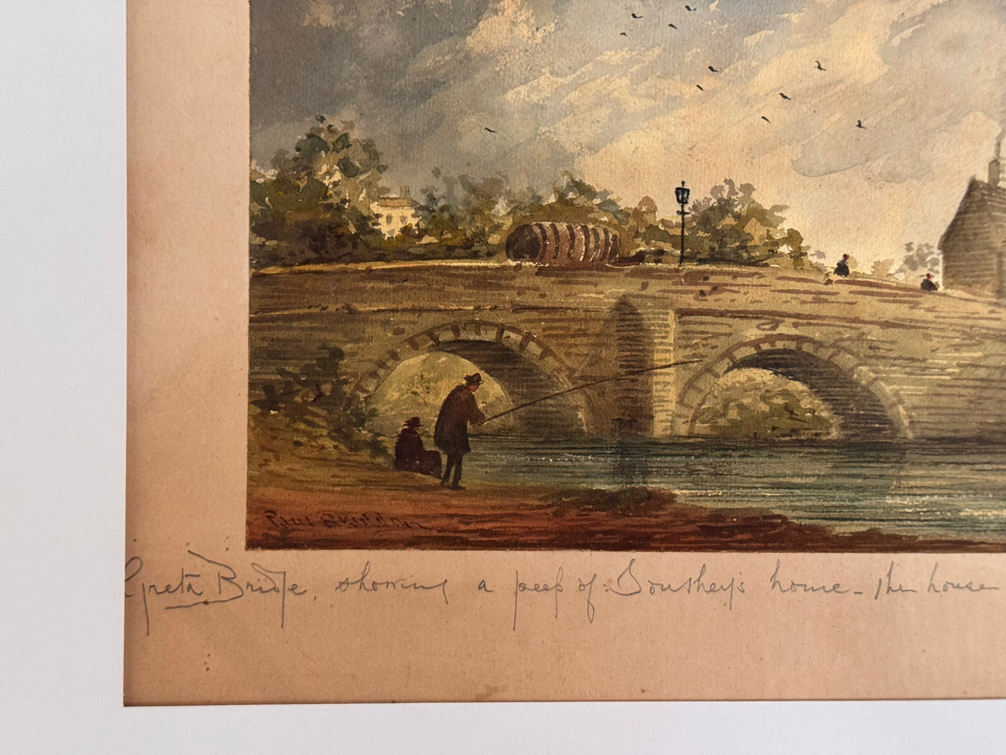 Antique Paul Braddon English Watercolor Robert Southey Bridge House Landscape