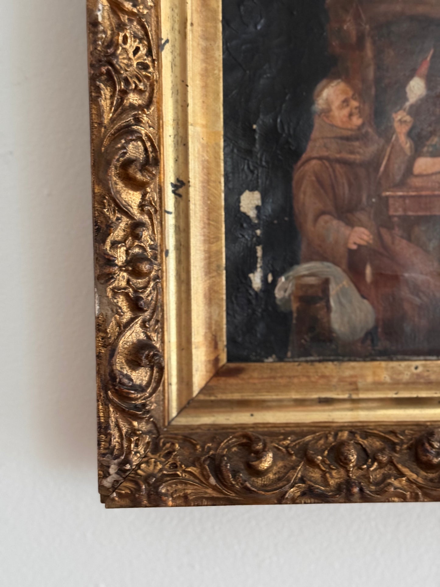 Antique 19c Oil On Canvas Signed Interior Family Scene With Dog