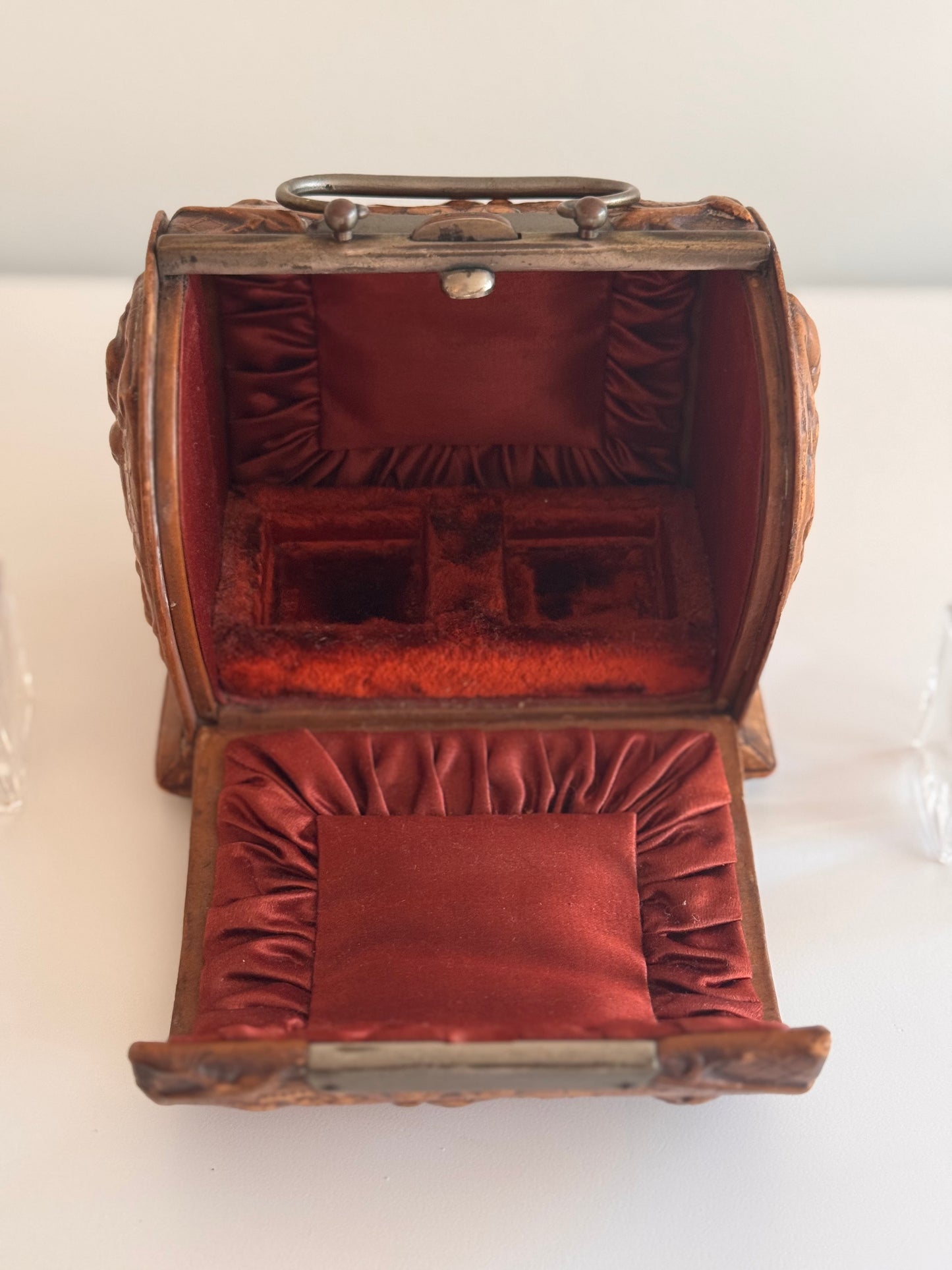 Antique Early 1900s Tooled Leather & Crystal Perfume Caddy Box w/Velvet Silk Lining