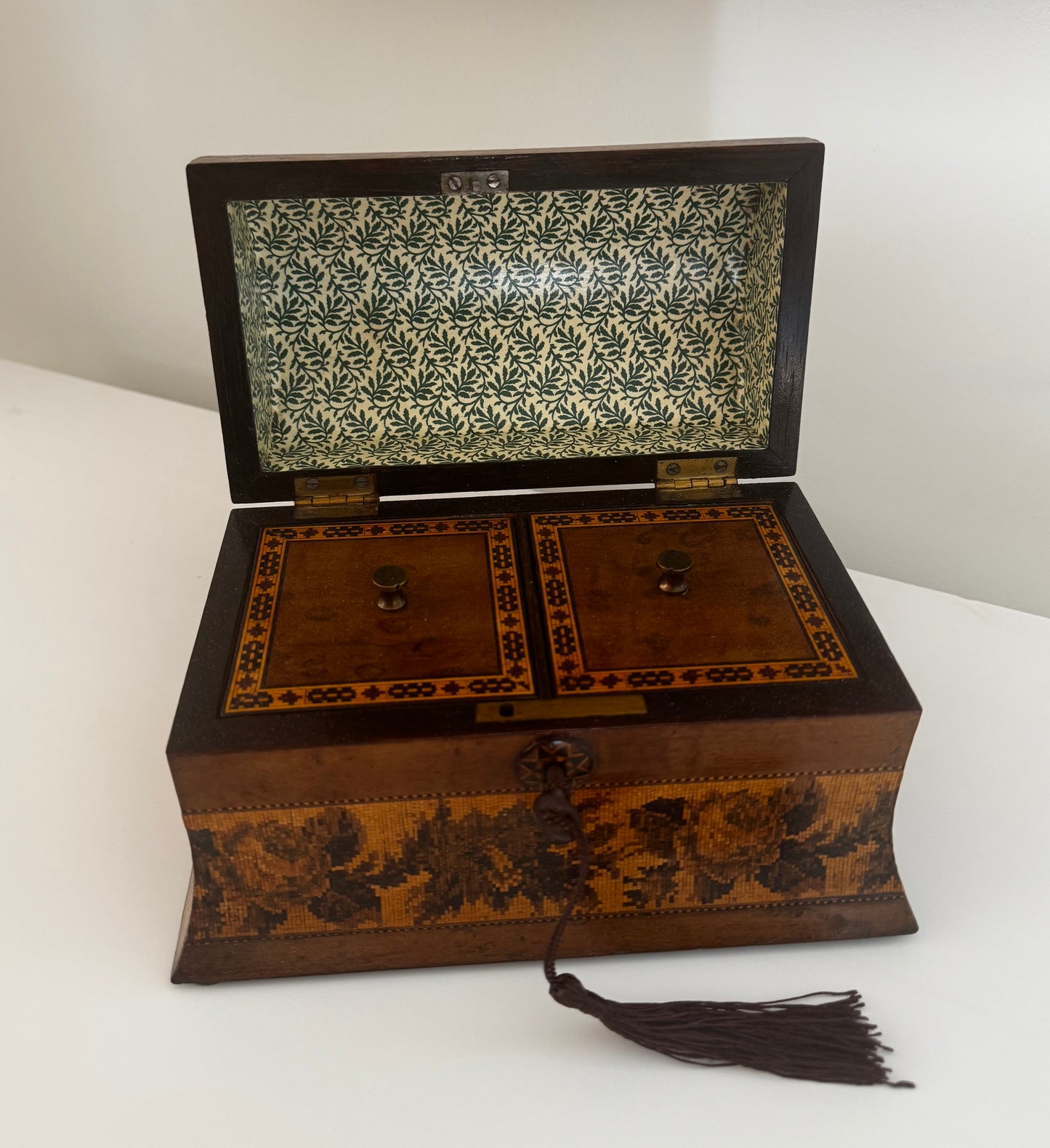 Antique Victorian Late 1800s English Tunbridge Ware Tea Caddy Working Key