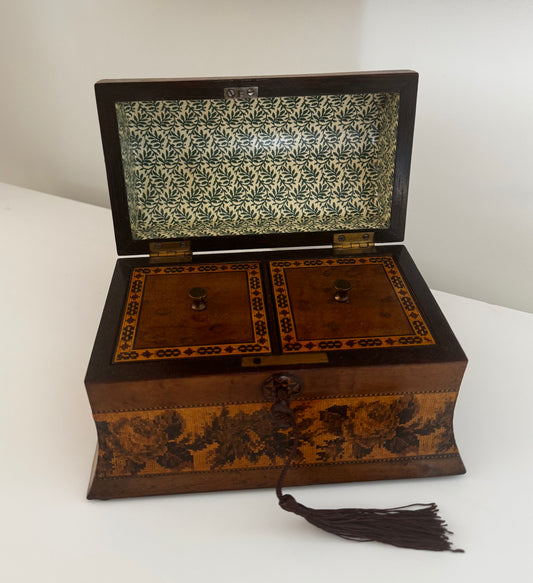 Antique Victorian Late 1800s English Tunbridge Ware Tea Caddy Working Key