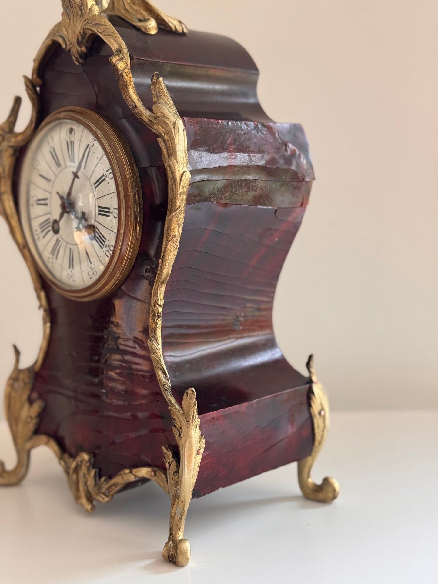 Working Antique Rococo Tortoise Shell Bronze Mantle Clock With Original Key