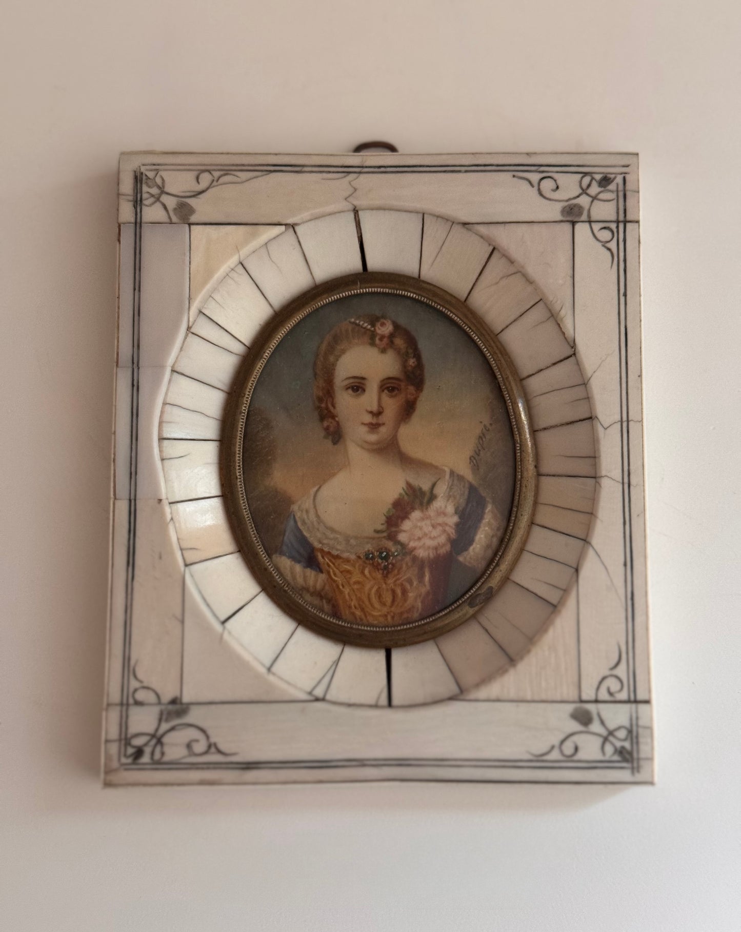 Antique 19c French Miniature Hand Painted Portrait of a Woman in Bone Frame