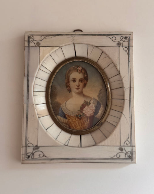 Antique 19c French Miniature Hand Painted Portrait of a Woman in Bone Frame